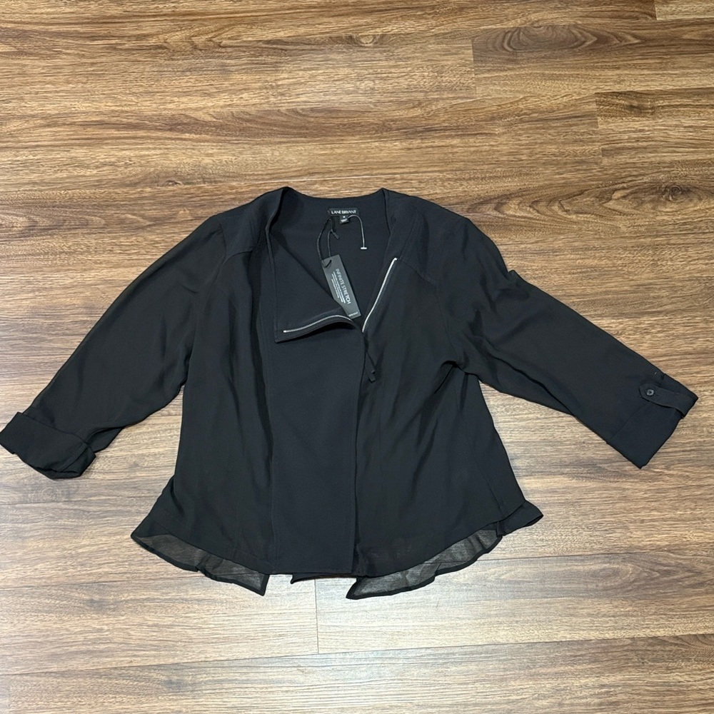 NWT Lane Bryant Black Asymmetrical zip up jacket/blouse with chiffon sleeves